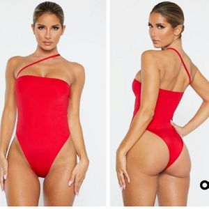 Pretty Little Thing Red Asymmetric Strap Swimsuit